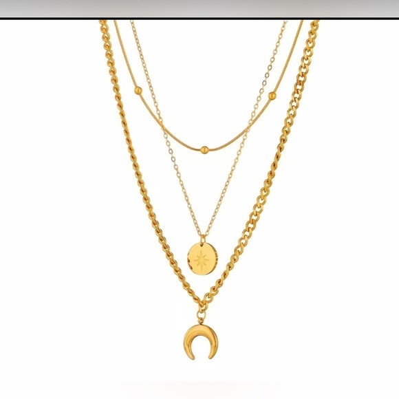 NWT Stainless Steel Geometry Star Moon Pendant Multi Layer Necklace - Picture 5 of 5